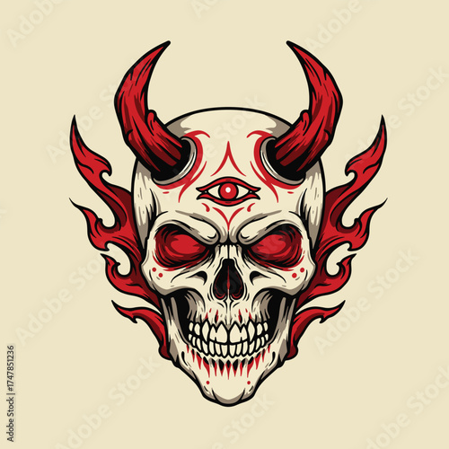 Demonic Skull with Third Eye and Fiery Horns.