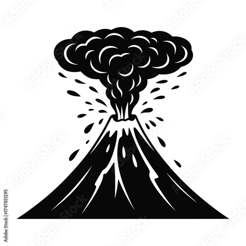 Dramatic illustration of a volcanic eruption with ash cloud