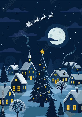 Festive Christmas Eve Village Scene with Santas Sleigh Flying Overhead.