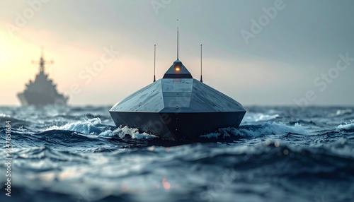 Advanced Stealth Naval Vessel Navigating Choppy Waters with a Warship on the Horizon at Dawn