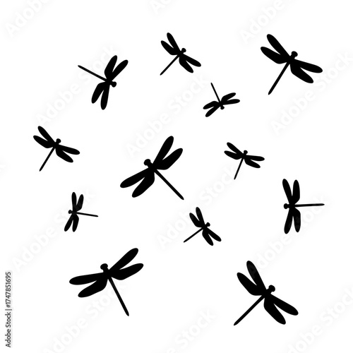 set of silhouettes of dragonfly