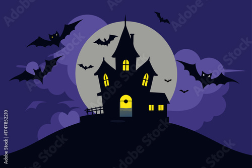 Spooky haunted house silhouette with bats flying around the full moon