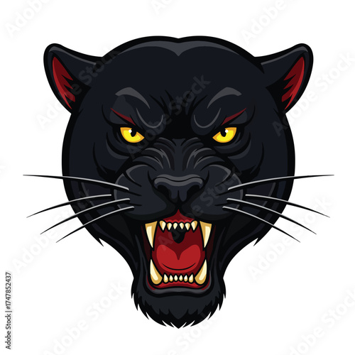 Fierce Black Panther Head with Bared Teeth and Yellow Eyes.