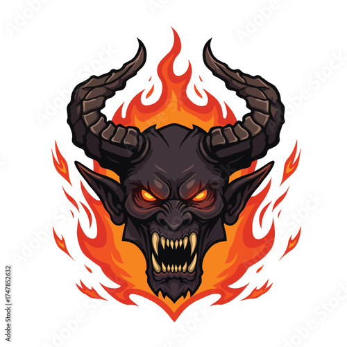 Fierce Demon Head with Fiery Horns and Glowing Eyes.