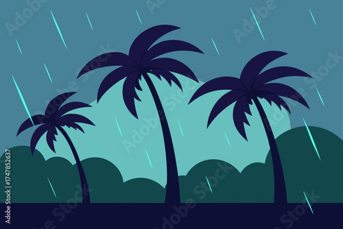 Tropical storm with palm trees and heavy rain