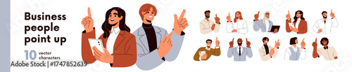 Business people pointing up with finger, presenting, advertising set. Male and female professionals showing with upward hand gesture, explaining. Flat vector illustration isolated on white background