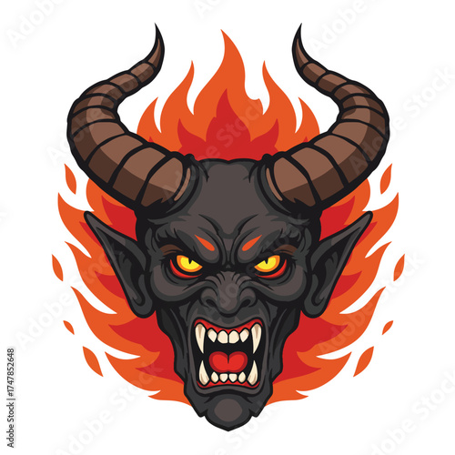 Fierce Demon Head with Fiery Horns and Glowing Yellow Eyes.