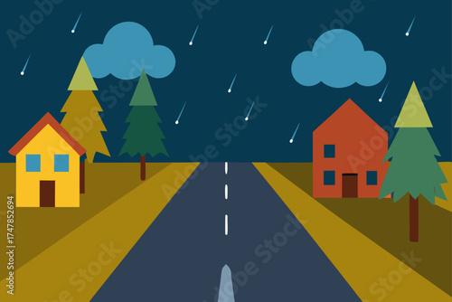 Stylized illustration of a rainy night on a suburban road with houses and trees