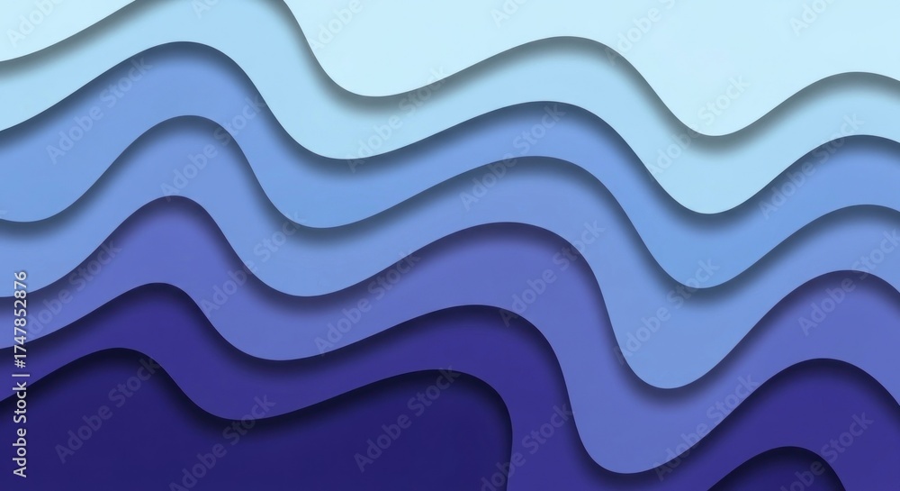 Fototapeta premium Gradient blues flow in multiple wavy, layered patterns, creating a serene, shadowed, paper-cut style abstract landscape