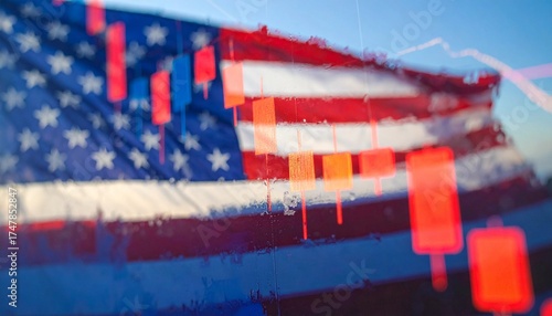 US Financial Market Downturn: American Flag Overlaid with Red Candlestick Charts