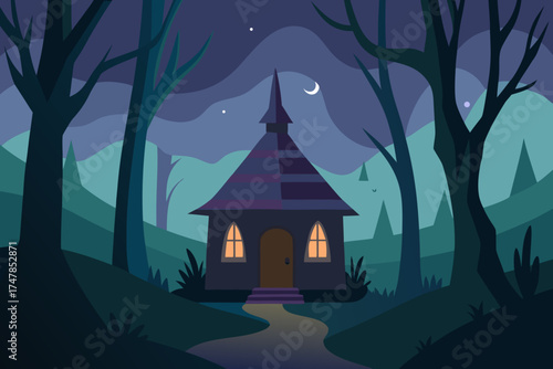 Mysterious little house in a dark forest at night