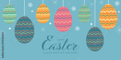 Horizontal Easter card or web banner with Easter eggs and text. Happy Easter greeting card