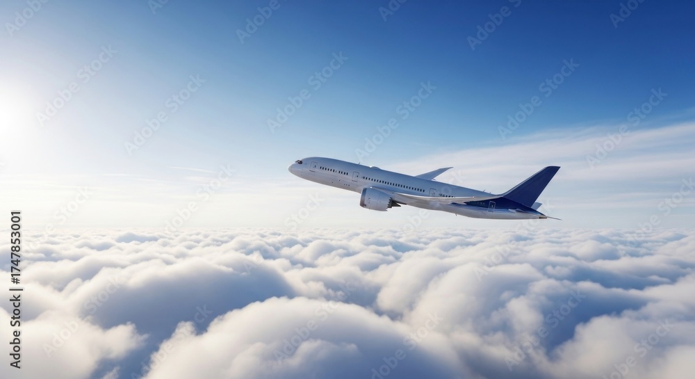 Fototapeta premium A passenger jet soars above a sea of fluffy clouds, under a vibrant blue sky, with the sun shining, suggesting smooth flight
