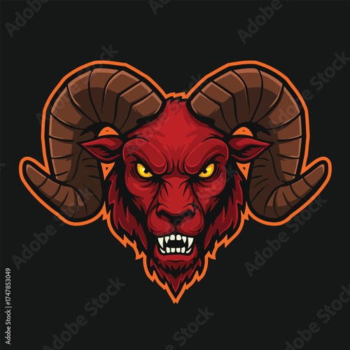 Fierce Red Ram with Large Curved Horns