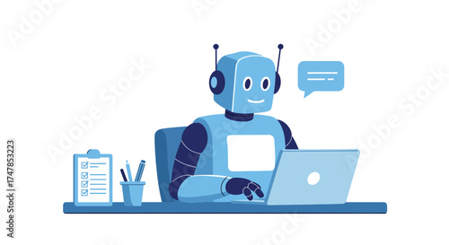 Friendly blue robot working on a laptop at a desk with a checklist.