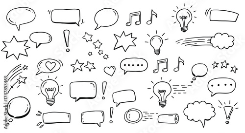 HandDrawn Collection of Speech Bubbles Lightbulbs and Musical Notes.
