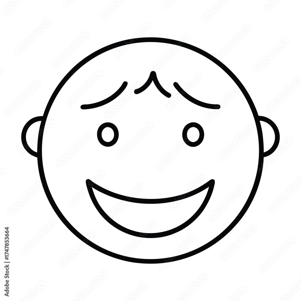 Fototapeta premium Simple black and white line drawing of a happy smiling face with eyebrows and ears, expressing joy.