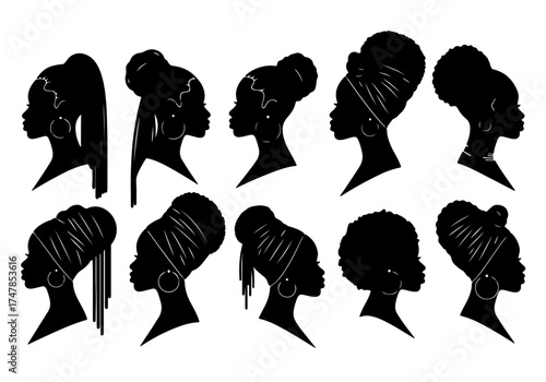 Vector set of black female and male person silhouettes with head and hair profiles, perfect for fashion and business icons