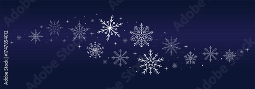 White snowflake wave border. Snow holiday winter decoration on dark background. Falling snow, garland, star ornament. Flake design element, decoration.