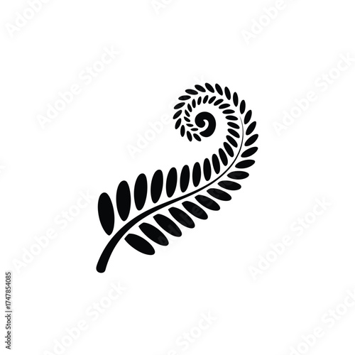 Black silhouette of a fern frond unfurling in a spiral