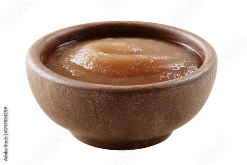 A rustic brown ceramic bowl filled with smooth applesauce.
