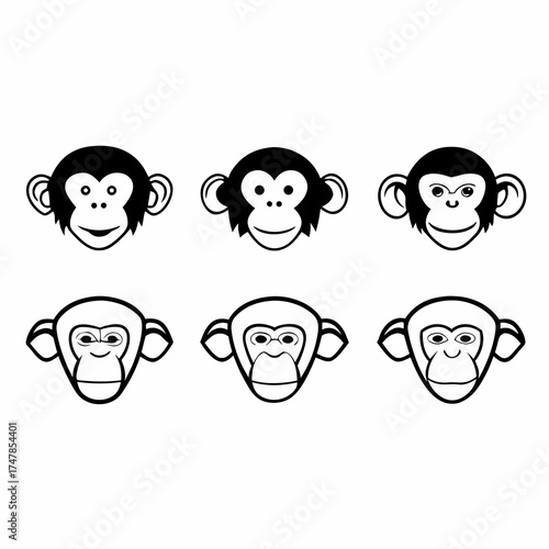 Illustration of six cute monkey head in black and white, vector format available