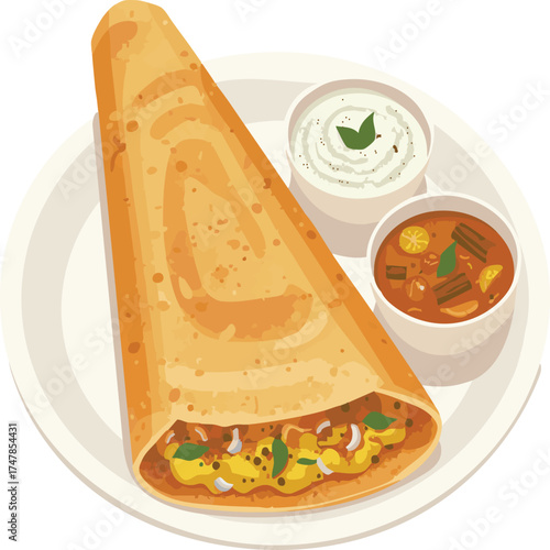 Dosa with Sambar and Chutney Illustration 
