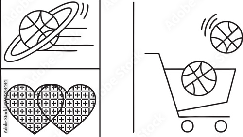 Icon set: Planet, Patterned Hearts & Shopping Cart with Ball — Line Icons