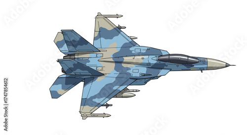 Modern Camouflaged Fighter Jet with Missile Pods.