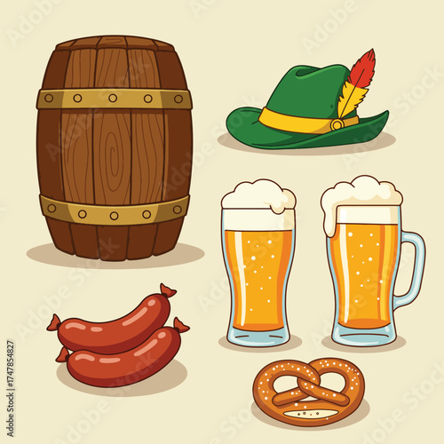 Oktoberfest Celebration Elements Barrel Beer Sausages Pretzel and Hat.