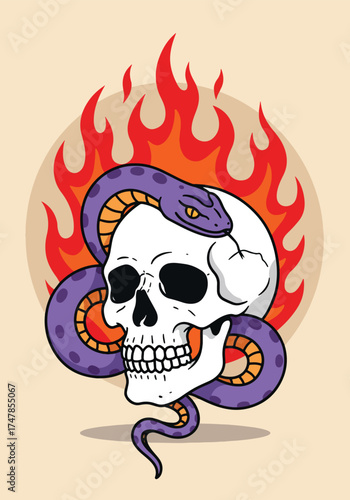 Fotografía Skull entwined with a purple snake amidst vibrant flames.