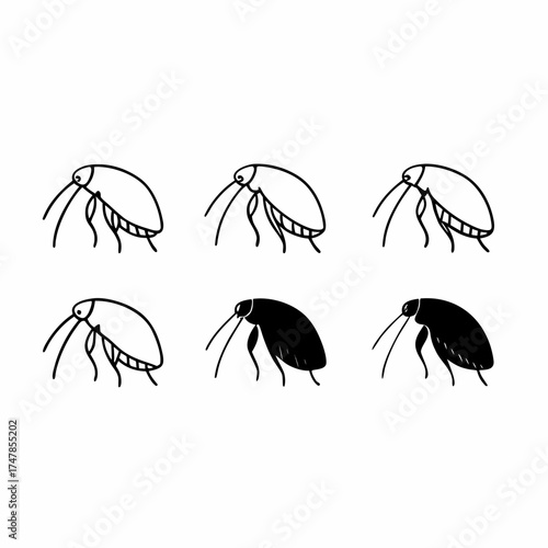 Six cockroach icons, depicting a common household pest in various styles