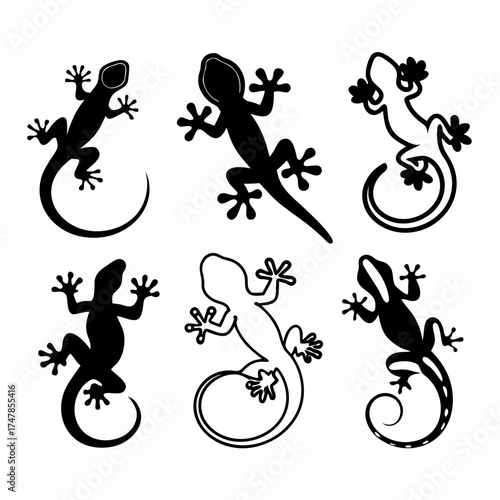 Collection of six gecko silhouettes in various poses, vector illustration