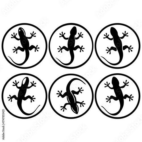 Set of six gecko silhouettes inside circle, vector illustration