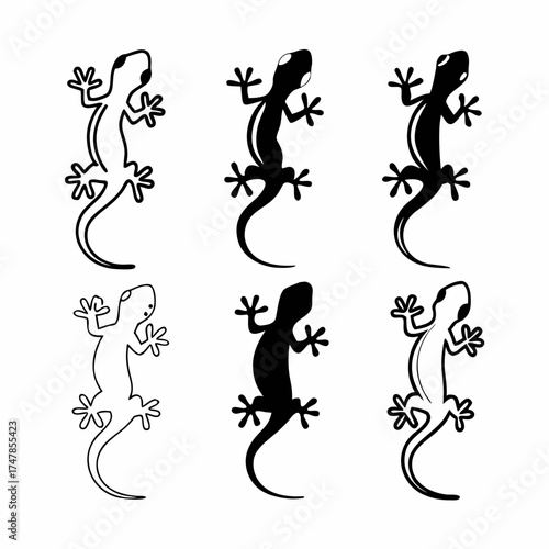 Collection of six stylized gecko silhouettes, showcasing diverse design variations