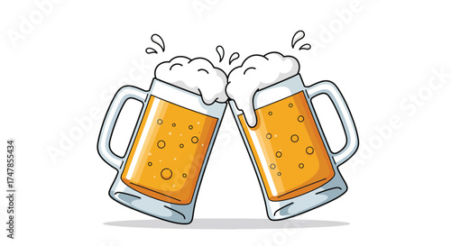Two frothy beer mugs clinking together in a celebratory toast.
