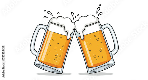 Two Frothy Beer Mugs Clinking in Celebration.