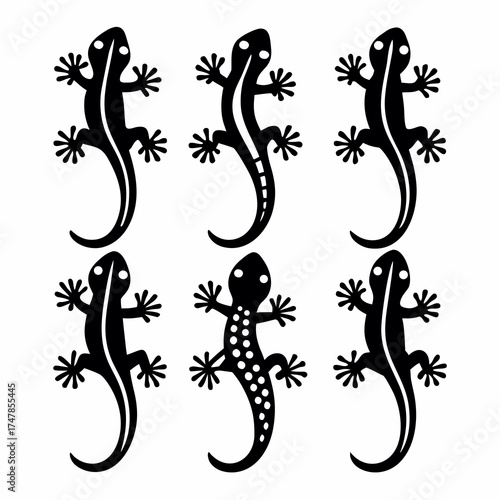 Collection of six gecko silhouettes in various poses, vector illustration