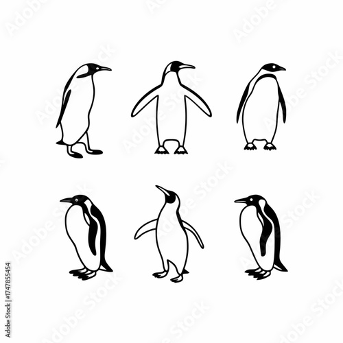 Set of six penguin illustrations in a vector format for easy use and modification