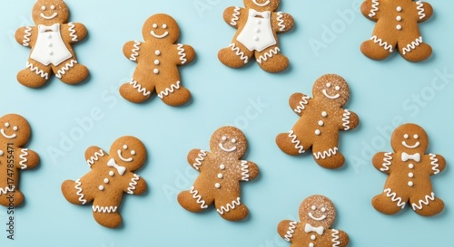 Rows of cheerful gingerbread people with icing details on a pastel blue background