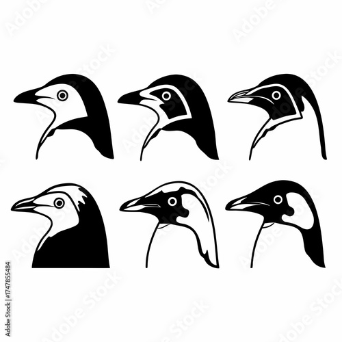 Collection of six penguin head silhouettes, showcasing diverse design variations and styles