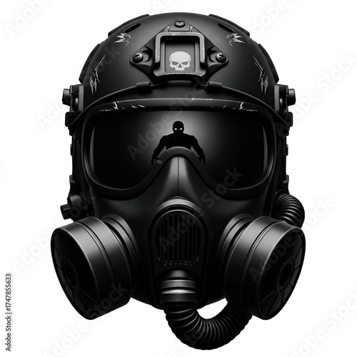 Black Tactical Gas Mask with Skull Emblem and Reflective Visor