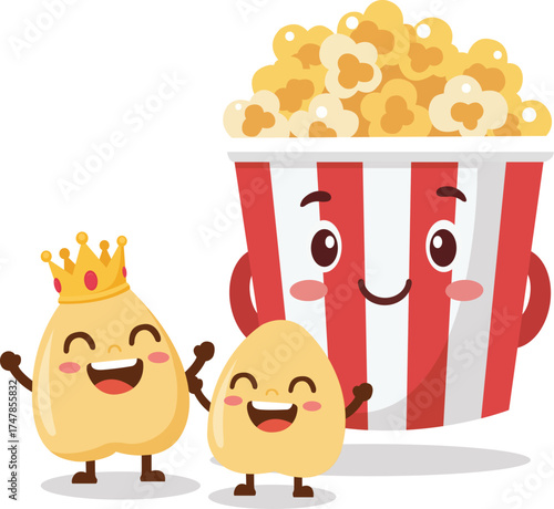Cartoon Popcorn Bucket and Kernel Characters 