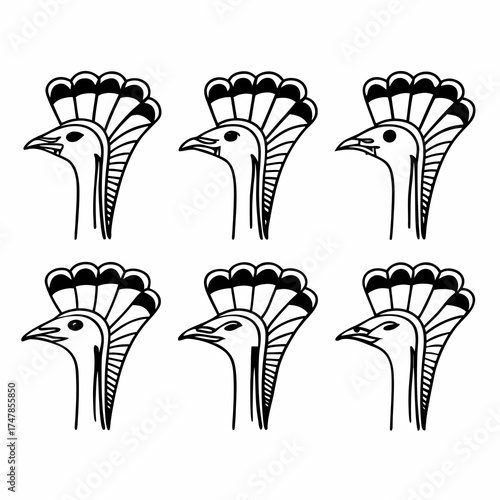 Illustration of six stylized turkey heads in black and white vector format