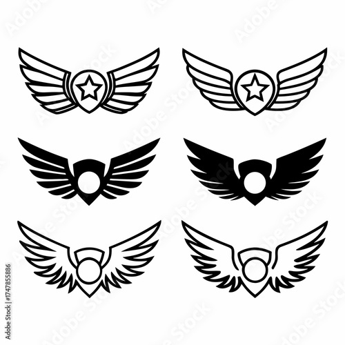 Six winged shield icons in black and white, vector illustration design