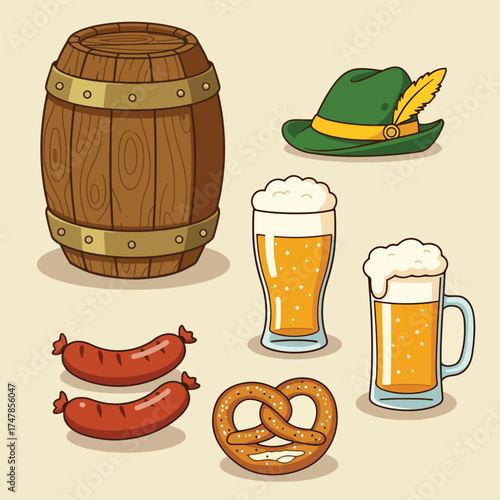 Wooden Barrel Beer Mugs Sausages Pretzel