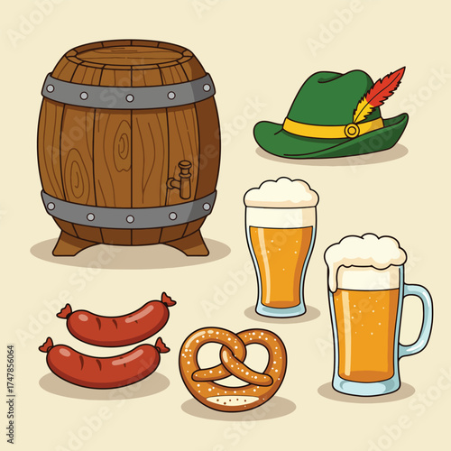 Wooden Barrel Beer Mugs Sausages Pretzel and Traditional Hat.