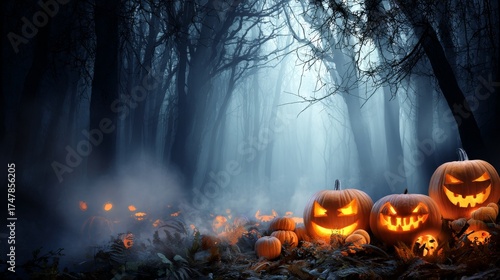 Halloween night forest scene with glowing jack-o'-lanterns illuminating shadows and eerie atmosphere, creating a spooky ambiance perfect for seasonal celebrations