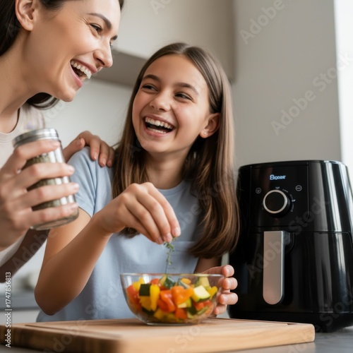 Happy mother and daughter laughing while preparing a fresh vegetable salad in the kitchen next to a white air fryer, emphasizing healthy lifestyle.

