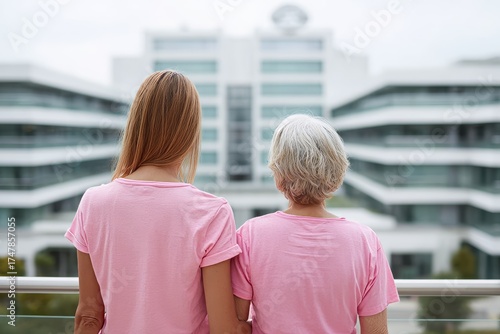 Two women, young and older, seen from the back wearing pink shirts and looking at a hospital building, symbolizing breast cancer awareness, support, and health care journeys